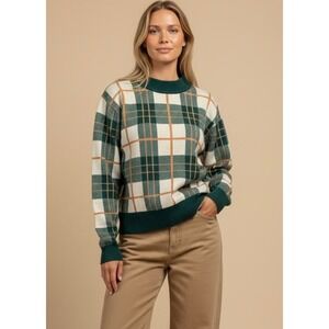 Buffalo David Bitton Plaid Mock Neck Sweater Size Medium Green Cream Knit